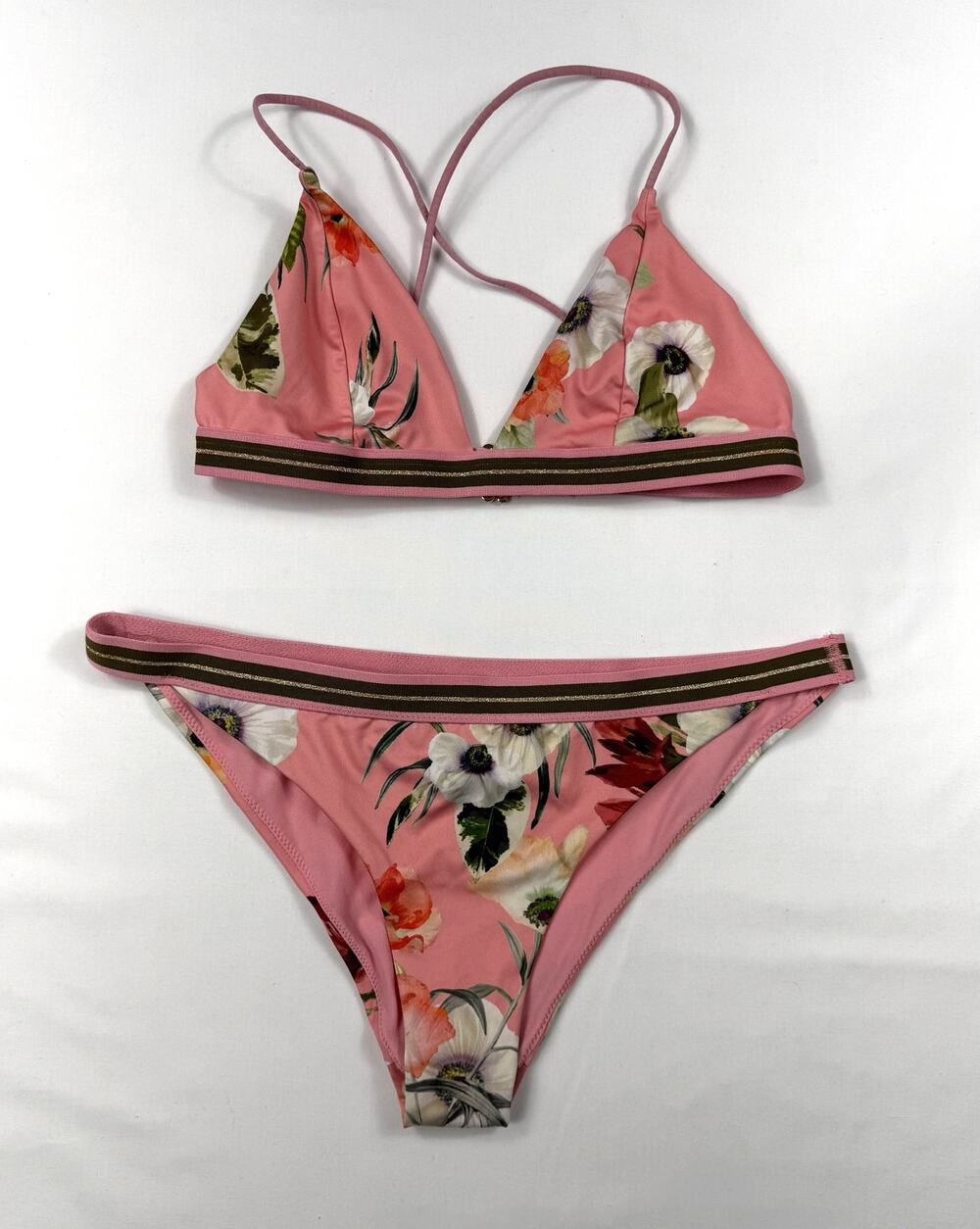 H&M Pink Floral & Green Banded Bikini Top Sz 8 Button Sz 10